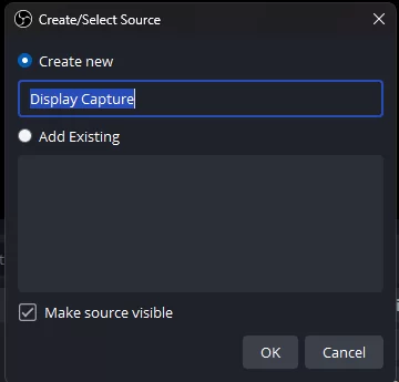 OBS Studio Create/Select Source dialog with the new source named Display Capture