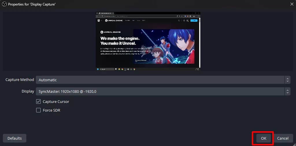 OBS Studio properties dialog for Display Capture with the OK button highlighted